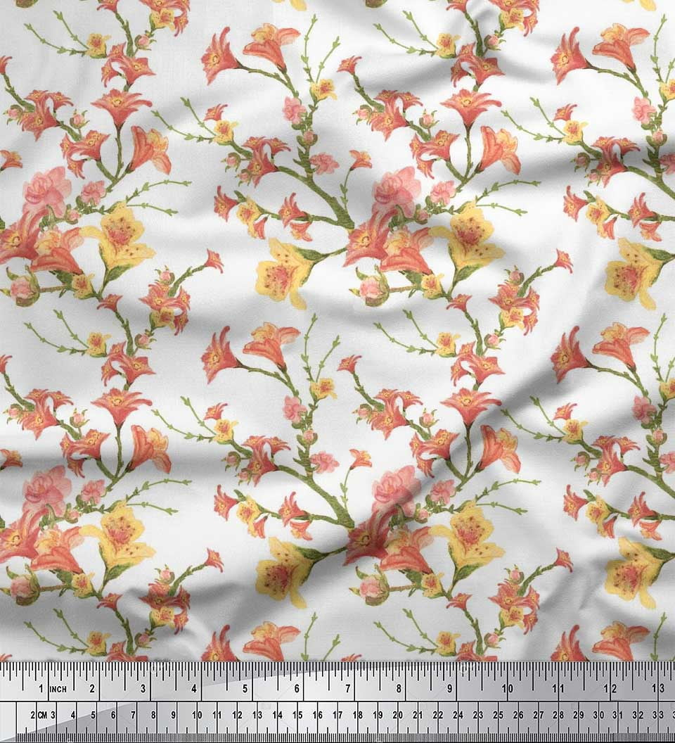 Soimoi Tissu de Crêpe de polyester Blanc Feuilles & Azalée Tissu Imprimé Floral 1 Yard 52 Inch Wide