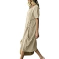thumbnail image 6 of Women's Cotton Linen Crew Neck Midi Dress Short Sleeve Loose Casual Long Dress with Drawstring Waist Side Pockets Beige XXL(XXL), 6 of 6