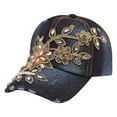 thumbnail image 2 of Travelwant Embroidered Flowers Baseball Hat | Embellished Flowers | Gold Sequin Accents | 100% Cotton Denim | Adjusts to Fit Most, 2 of 7