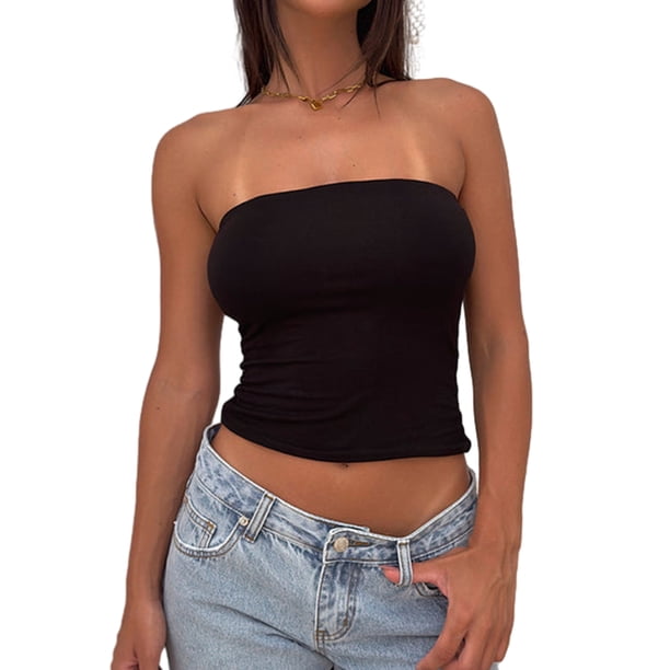 Conjunto de lencería Top Mujer Bandeau Slim Fit Off Hombro Sin Espalda Traje De Calle Kuymtek Negro T S para Mujer