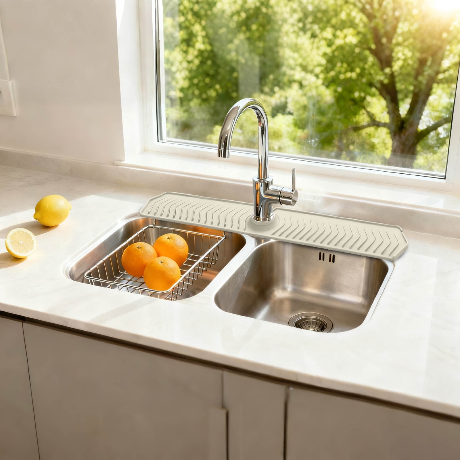 Faucet Mats for Kitchen Sink 30in Longer Silicone Sink Splash Guard Fast Self-draining Fast Drying Tidy Faucet Mat Splash Guard Draining Mat White