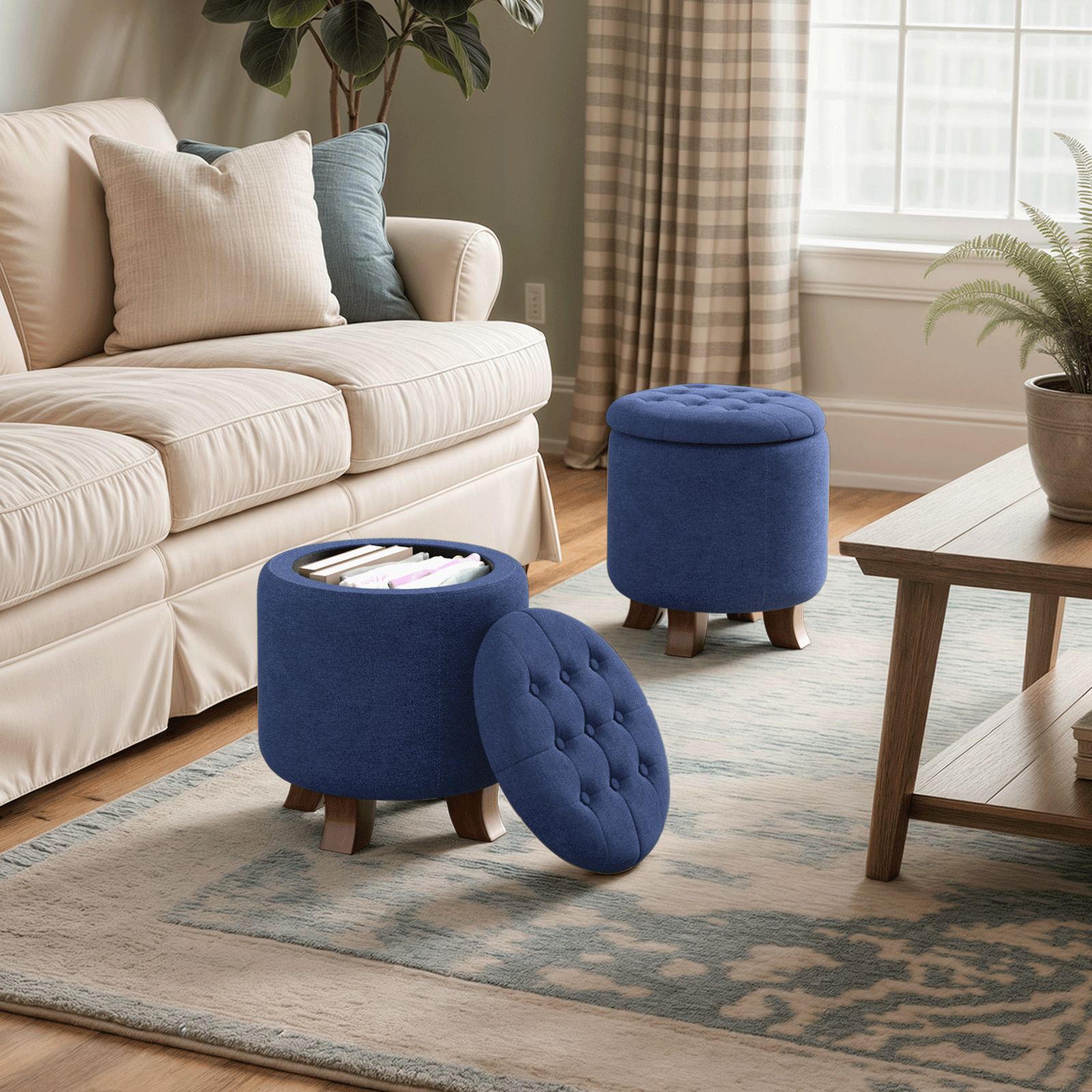 Magshion Storage Ottoman with Padded Seat, Modern Cotton-linen Footrest, Round Seat stool for Living Room Bedroom , Navy Blue