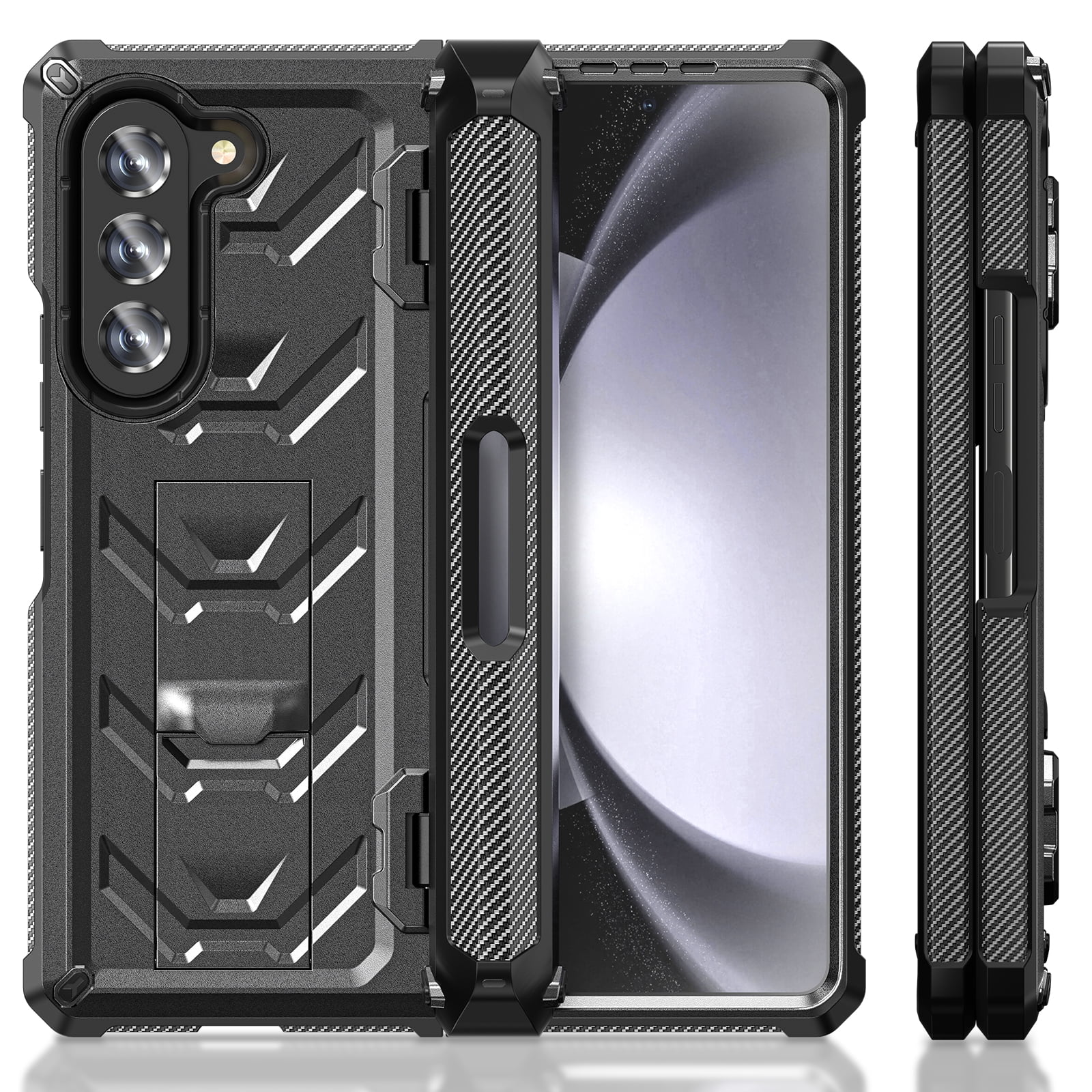 ELEHOLD Rugged Hybrid Case for Samsung Galaxy Z Fold 5 with Built-in Screen Protector Hidden Kickstand Pen Slot Heavy Duty Full Body Shockproof Case with Stylus Pen for Samsung Z Fold5 2023,Black
