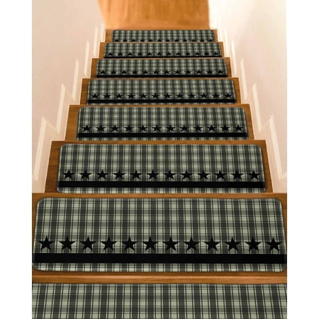 Sage Green Black Plaid Stair Treads for Wooden Steps Indoor Runner Rug Carpet Vintage Star Buffalo Check Rustic 10 Pieces Peel and Stick Staircase Step Treads Covers Washable Throw Door Mats 30 x8