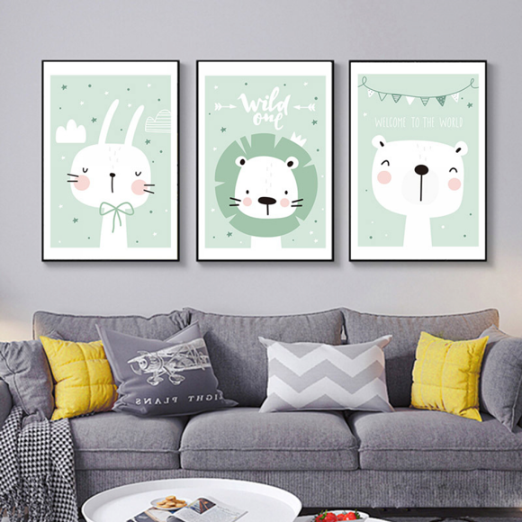 Unframed 3Set Green Cartoon Canvas Painting Pictures Adorable Animal Art Print Nordic Adorable Cartoon Animal Poster Canvas Wall Art Bedroom Decoration(5x7 inches)