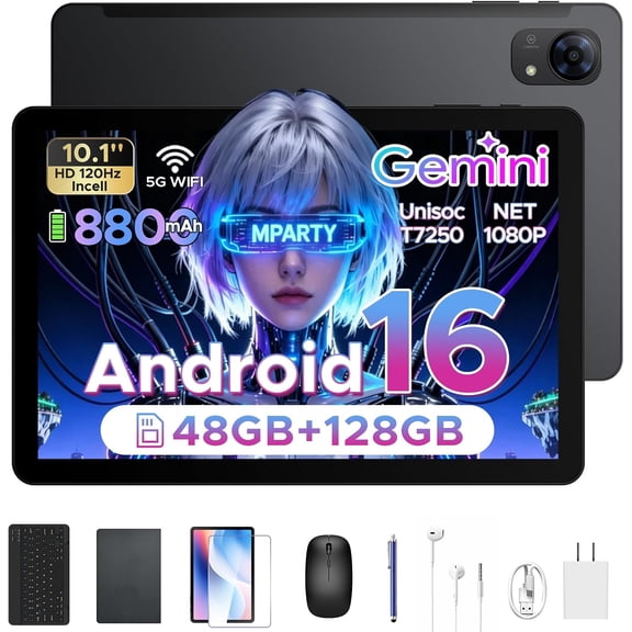 POCKAM P10 Pro Android 16 Tablet, 10 Inch Tablets with Gemini AI, 120Hz, 48GB RAM 128GB ROM/2TB, Octa-Core T7250, 8800mAh, 13MP 5MP, 3.5mm Jack, Face ID, GPS, 5G WiFi, Tablet with Keyboard Pen