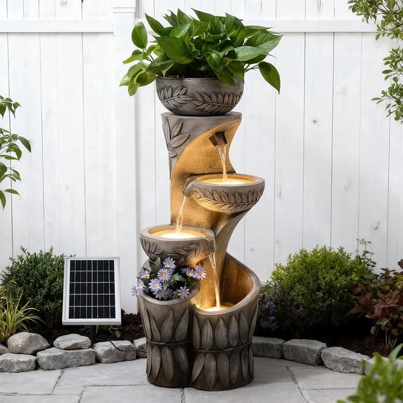 4 Tiered Solar Water Fountain Outdoor Garden, 35.6" Tall Cascading Bowl Leaf Carved Outdoor Waterfall Fountains Modern Water Feature with Dual Planters for Garden, Patio, Deck, Yard, Indoor Decor