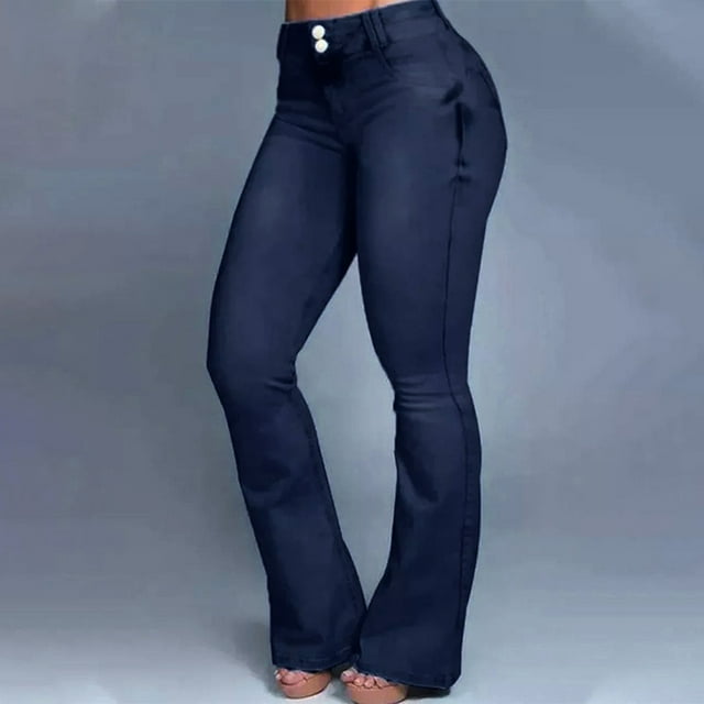 ICHUANYI Clearance Women Fashion Leisure Pocket Button Trousers Slightly Flared Pants Denim(Dark Blue, XXL) ICHUANYI WER2023081207613