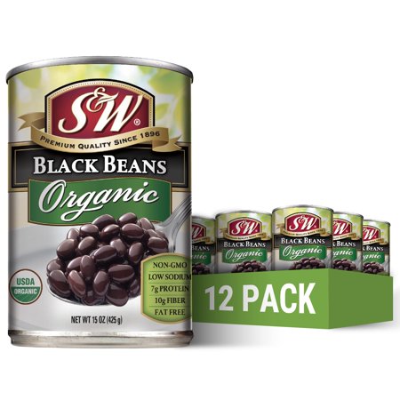 S&W Organic Canned Black Beans, Plant Protein and Fiber, Gluten Free, Vegan, Fat Free, Low Sodium, 12 Pack of 15 oz Cans