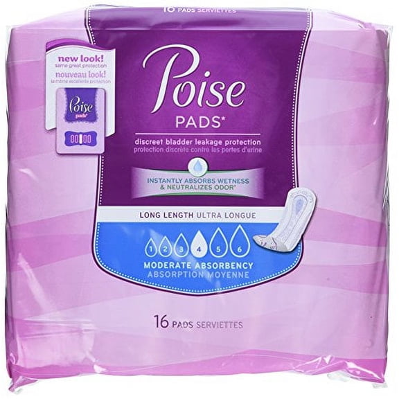 Poise Incontinence Pads, Moderate Absorbency, Long, 16 Count
