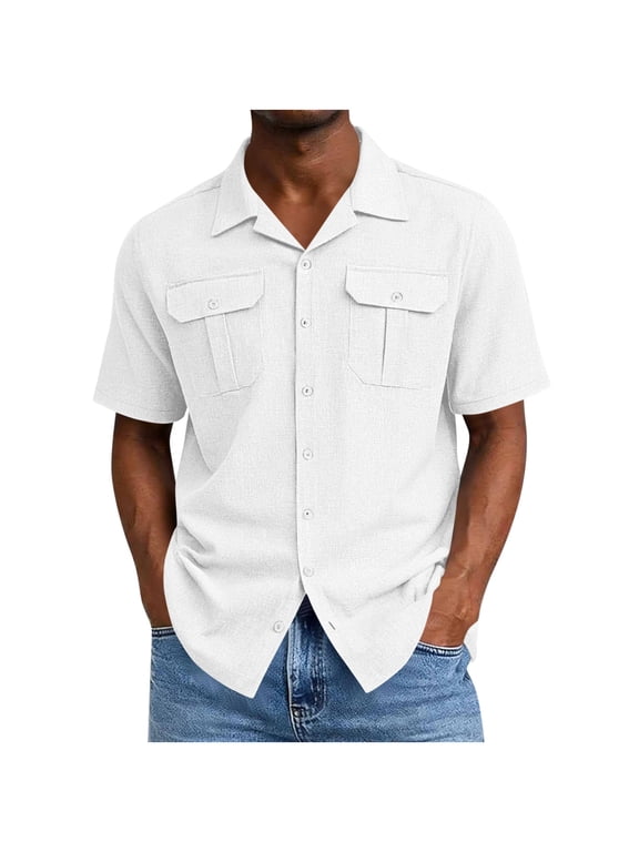 Mens Short Sleeve Collared Double Pocket Full Button Shirt, Wrinkle Free Top for Office Commutes & Client Meetings White L