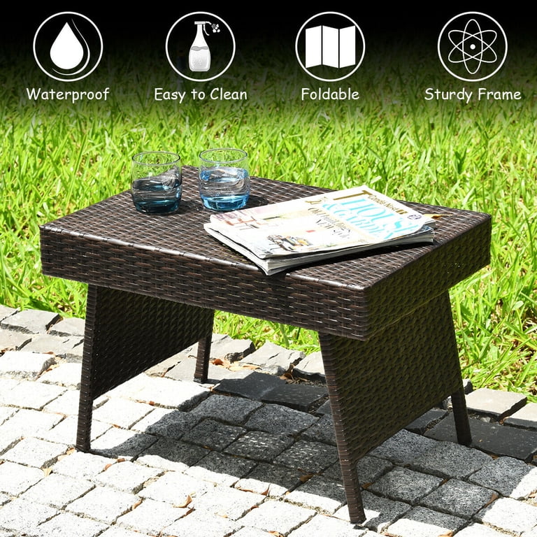 Costway Folding Wicker Side Coffee Table, Brown photo 4