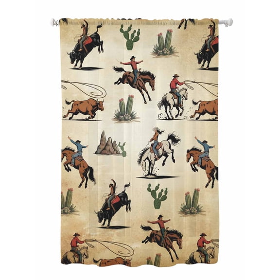 Sheer Curtains 63 Inch Length, Western Cowboys Semi Sheer Curtains Light Filtering Window Treatment, Brown Vintage Country Cactus Privacy Voile Drapes for Living Room Bedroom 52x63 Inch