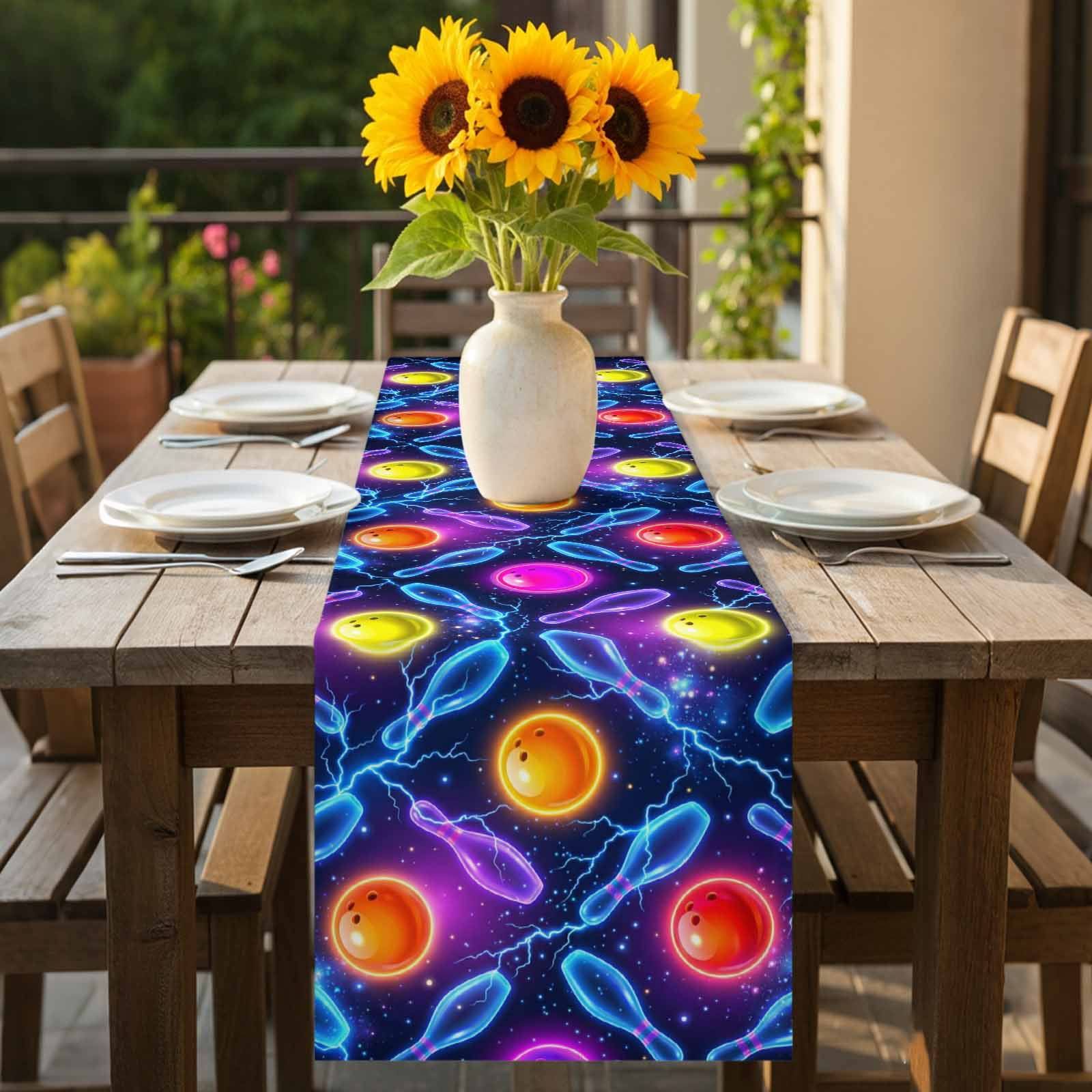 Bowling Table Runner 16 x 72 Inch, Purple Blue Yellow Bowling Balls Bottles Sports Black Washable Cotton Linen Dining Table Runner Tabletop Decorations for Restaurant Home Kitchen Party