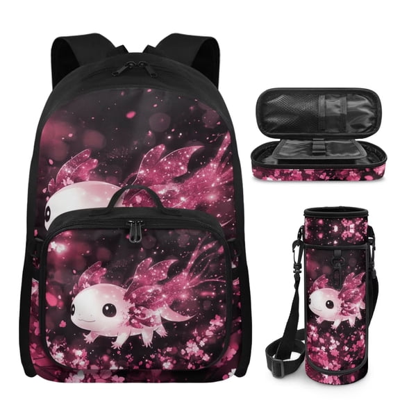 Bulopur Pink Cherry Blossom Kids Backpack Set 4 Pcs Axolotl Print Waterproof Kids School Bag with Lunch Box, Pencil Case and Water Bottle Cover for Kawaii Axolotl Lover Little Girls