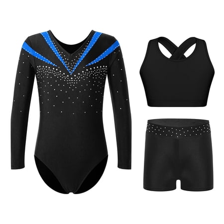 TiaoBug Kids Girls Athletic Dance Outfits Gymnastics Leotard Bra Crop Top with Booty Shorts Blue 10
