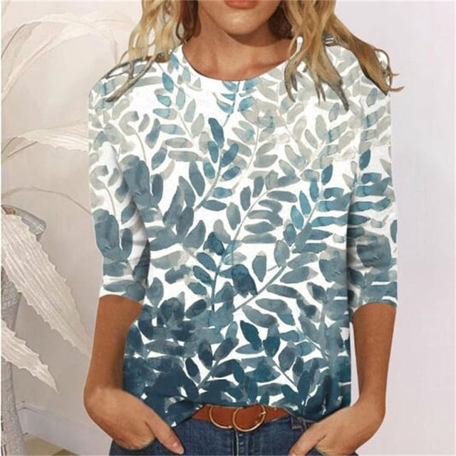 Qertyioot Hauts de Mode pour Femmes, T-shirt Imprimé Manches 3/5 Blouse Col Rond Décontracté