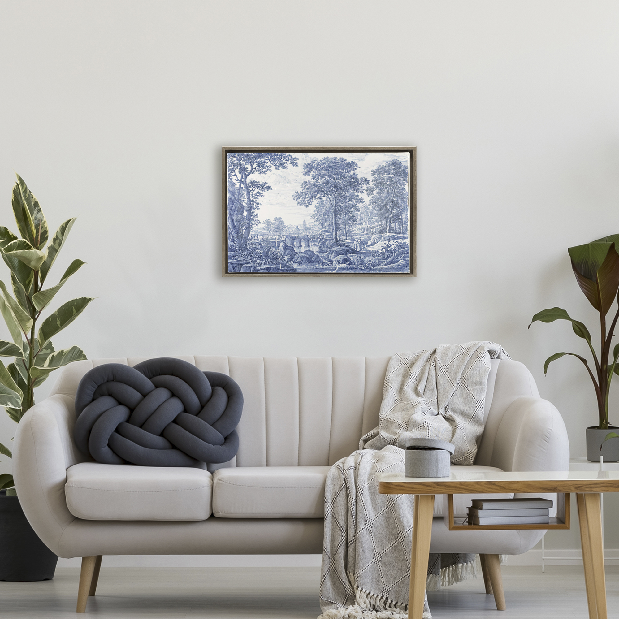 Vintage Blue Tinted Toile Brown Framed Floater Canvas Wall Art, design by Vintage Hustle