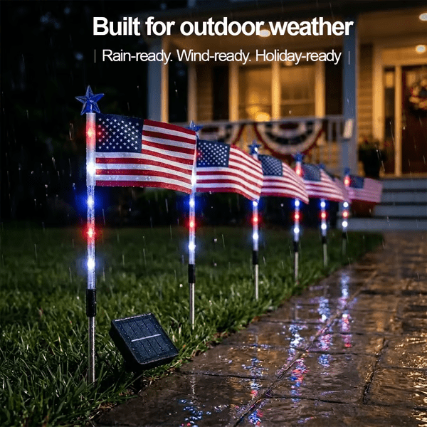 8 Pack Solar American Flag Pathway Stake Lights with 8 Modes, Red White Blue Patriotic Solar Powered Flag Pole Lights, Waterproof LED Outdoor 4th of July Memorial Day Yard Garden Decorations