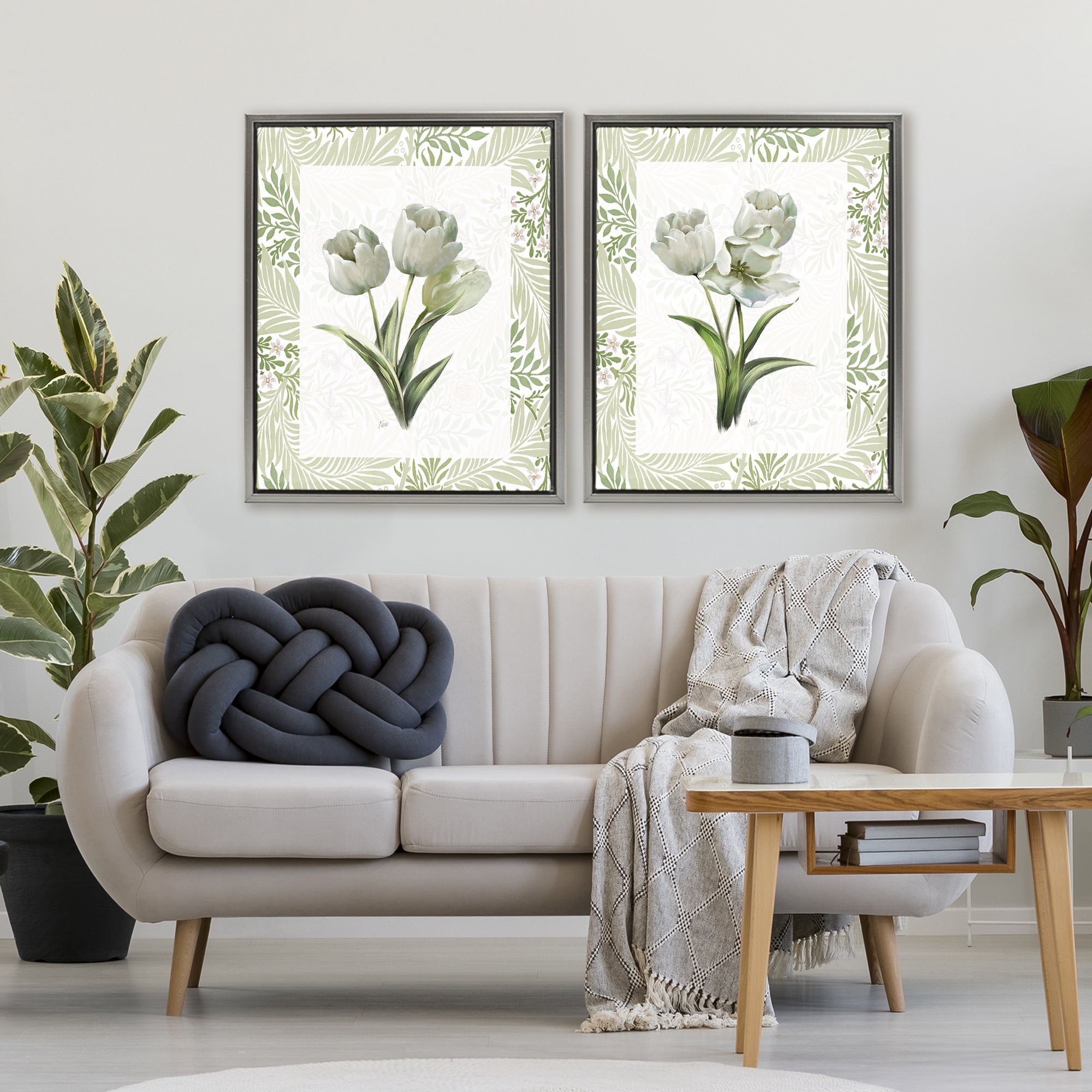 Stupell Industries Soft Green Tulip Trios 2 Piece Gray Framed Floater Canvas Set, design by Nan