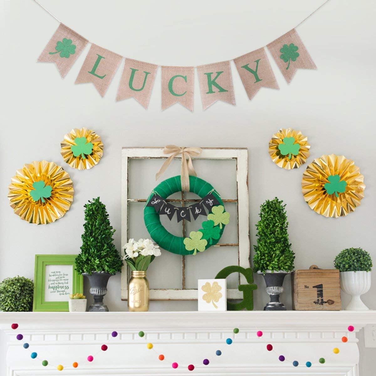 St Pattys Day Rustic Burlap Garland LUCKY Four Leaf Clover Banner St Patrick Day Irish Home Decor