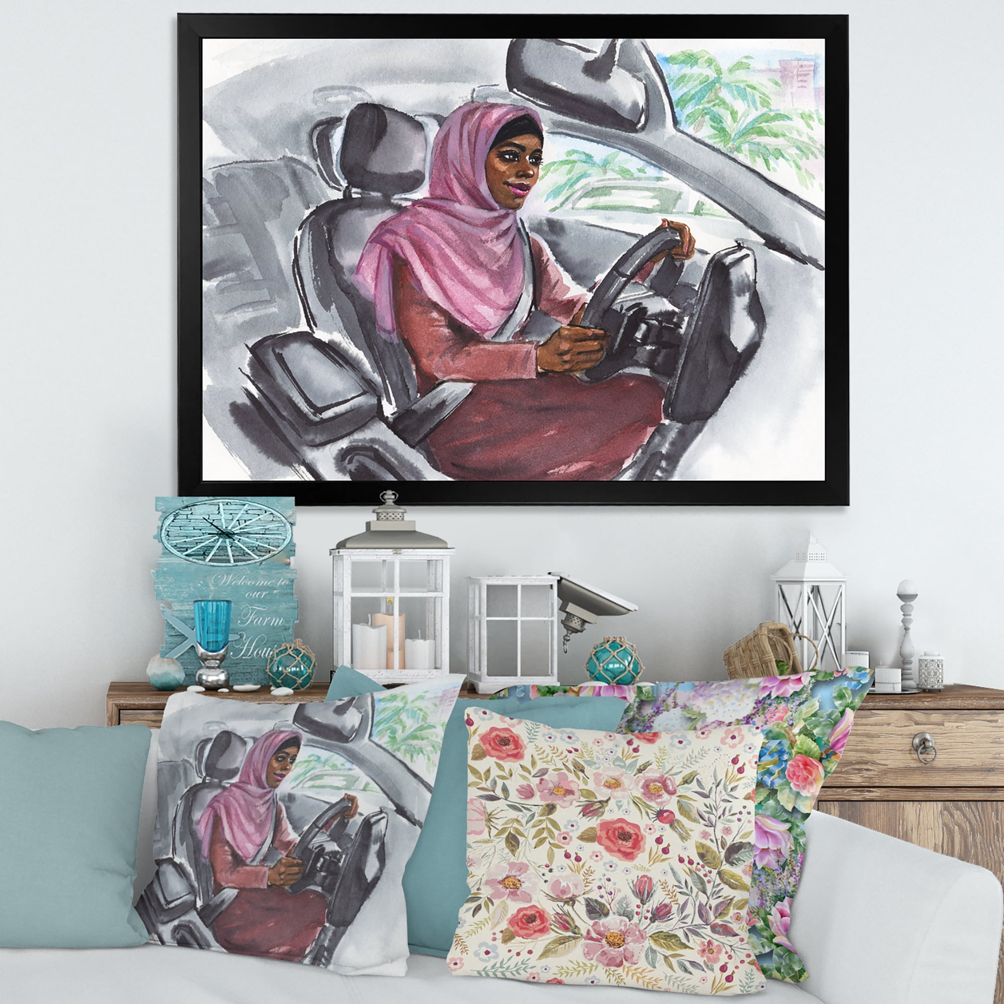 Designart 'Arabian Lady Driving A Car III' Modern Framed Art Print