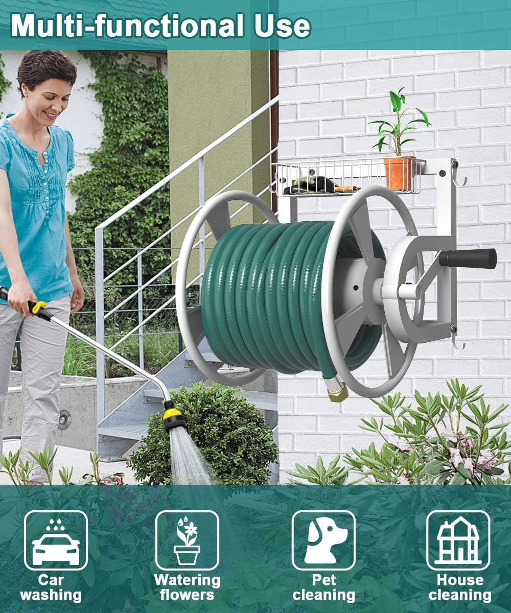 Outdoor Wall Mounted Hose Reel with Hook, Garden Heavy-Duty Water Hose Holder Winder with 3.9 ft Leader Hose, Brass Fitting and Storage Basket for Yard, Holds 125 Ft of 5/8-Inch Hose, White