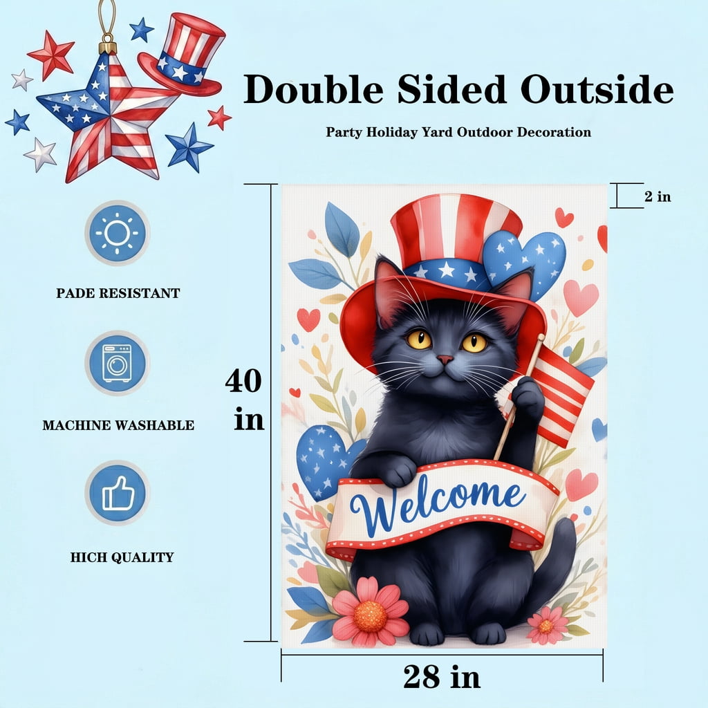 USA 250th Anniversary Garden Flag Black Cat Wearing Red White Blue Hat Holding Flag Independence Day Decorations 28x40 Inch Outdoor Banner 4th of July Decorations