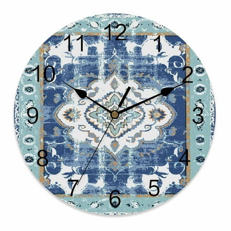 Wall Clock 12 Inch Blue Boho Texture Round Silent Decorative Wall Clocks Battery Operated for Living Room Bedroom Kitchen Classroom Decor, Abstract Retro Tribal Pattern,Large