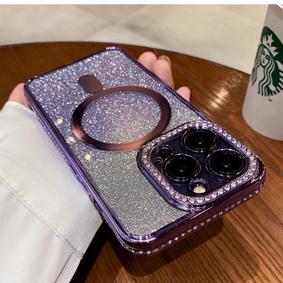 For Apple iPhone 14 Pro Max Magsafe Case Bling Glitter Plating TPU Diamond Frame Shockproof Soft Cover