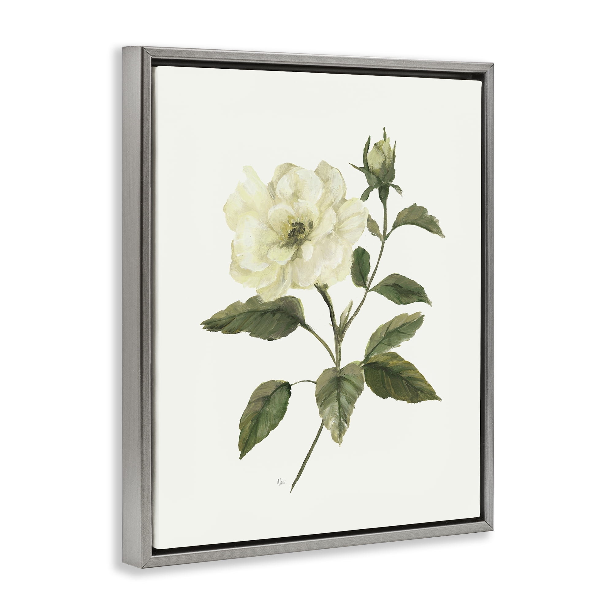 Stupell Industries Ivory Rose Bloom With Green Foliage Gray Framed Floater Canvas Wall Art, design by Nan