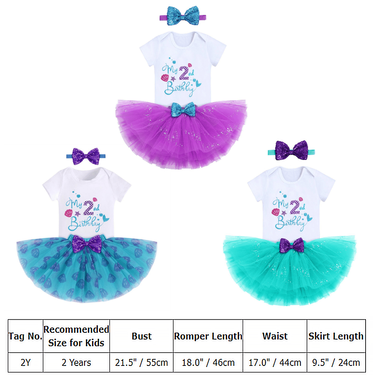 IBTOM CASTLE Toddler Baby Girls Mermaid 1st Birthday Outfit Princess Romper + Tutu Skirt + Shiny Bowknot Headband Cake Smash Clothes Set, 3-Piece