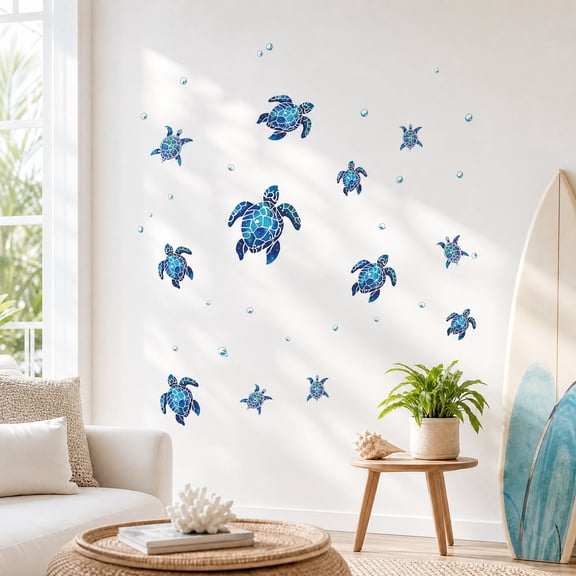 Summer Blue Watercolor Sea Turtle Wall Decals Ocean Sticker Waterproof Decor For Kids Bedroom Bathroom Nursery Living Room Wall Art