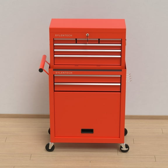 Sylentech 8 Drawers Tool Chest with Wheels, Rolling Tool Chest with Detachable Top Toolbox, Tool Storage Cabinet with Black Liner for Warehouse, Workshop, Red