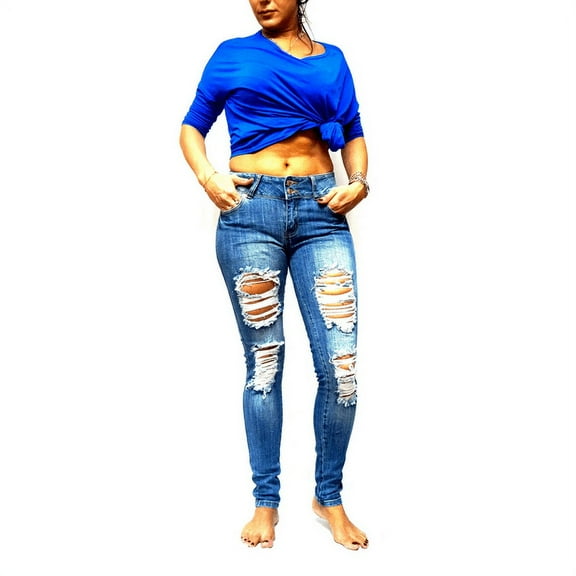 Jack David Juniors Womens Blue Denim Jeans Destroy Skinny Ripd Distressed Pants