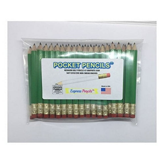 Bright Green Golf Pencils with Eraser - Half, Classroom, Pew, Short, Mini, Small, Non Toxic - Hexagon, Sharpened, 2 Pencil, Color - Bright Green Pkg of 36 Pocket Pencils