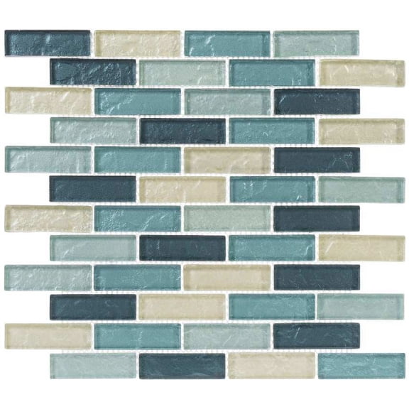 Pristine Aruba Blue 1-in. x 3-in. Brick Joint Metal Look Polished Glass Mosaic Wall and Floor Tile