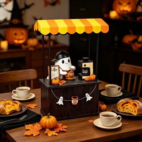 2026 New Halloween Cute Ghost Barista Coffee Stand Figurine, 12 Inch Freshly Boo’d Ghost Cafe Booth Resin Statue, Whimsical Tabletop Ornament for Coffee Bar, Mantel, Bookshelf & Fall Home Decor