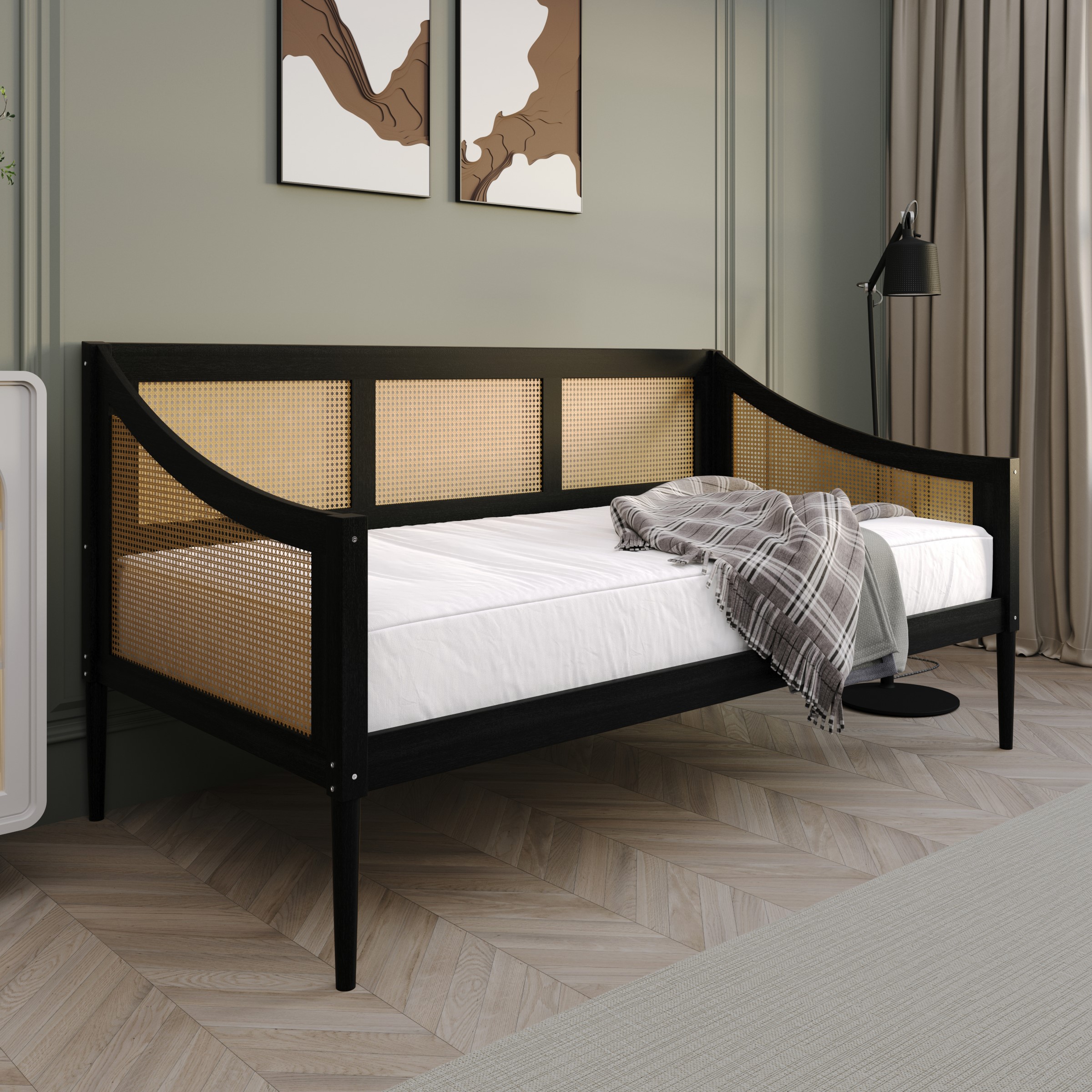 Home Design Elko Twin Daybed with Natural Wood Grain Frame, Rattan Accents, Durable Solid Wood, Stylish Seating and Sleeping Solution, Black