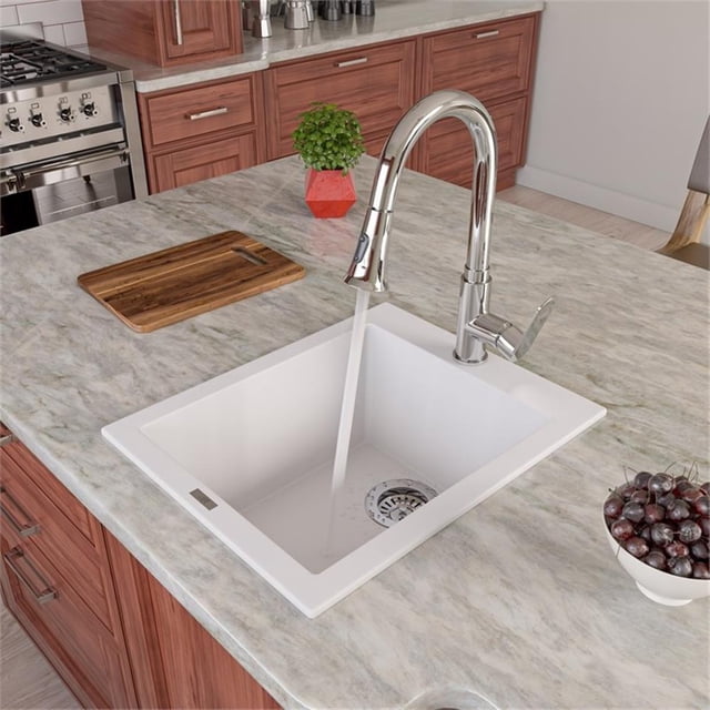 Pemberly Row White 17" Drop-In Rectangular Granite Composite Kitchen Prep Sink