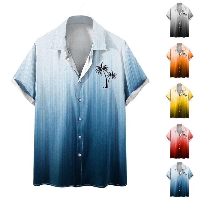 CEHVOM Spring Savings!Beach Shirts for Men Button Down,Beach Shirts for Men Big and Tall Palm Tree Print Turndown Collar Short Sleeve Blouse Tops,Summer Shirts for Men