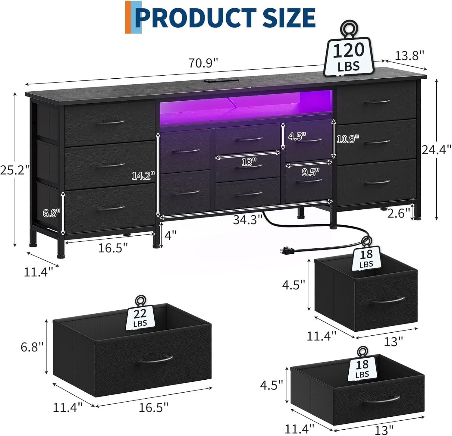 CuisinAid 70-Inch Black Dresser for Bedroom TV Stand with 13 Fabric Drawers Long Dresser with LED Lights and Power Outlets