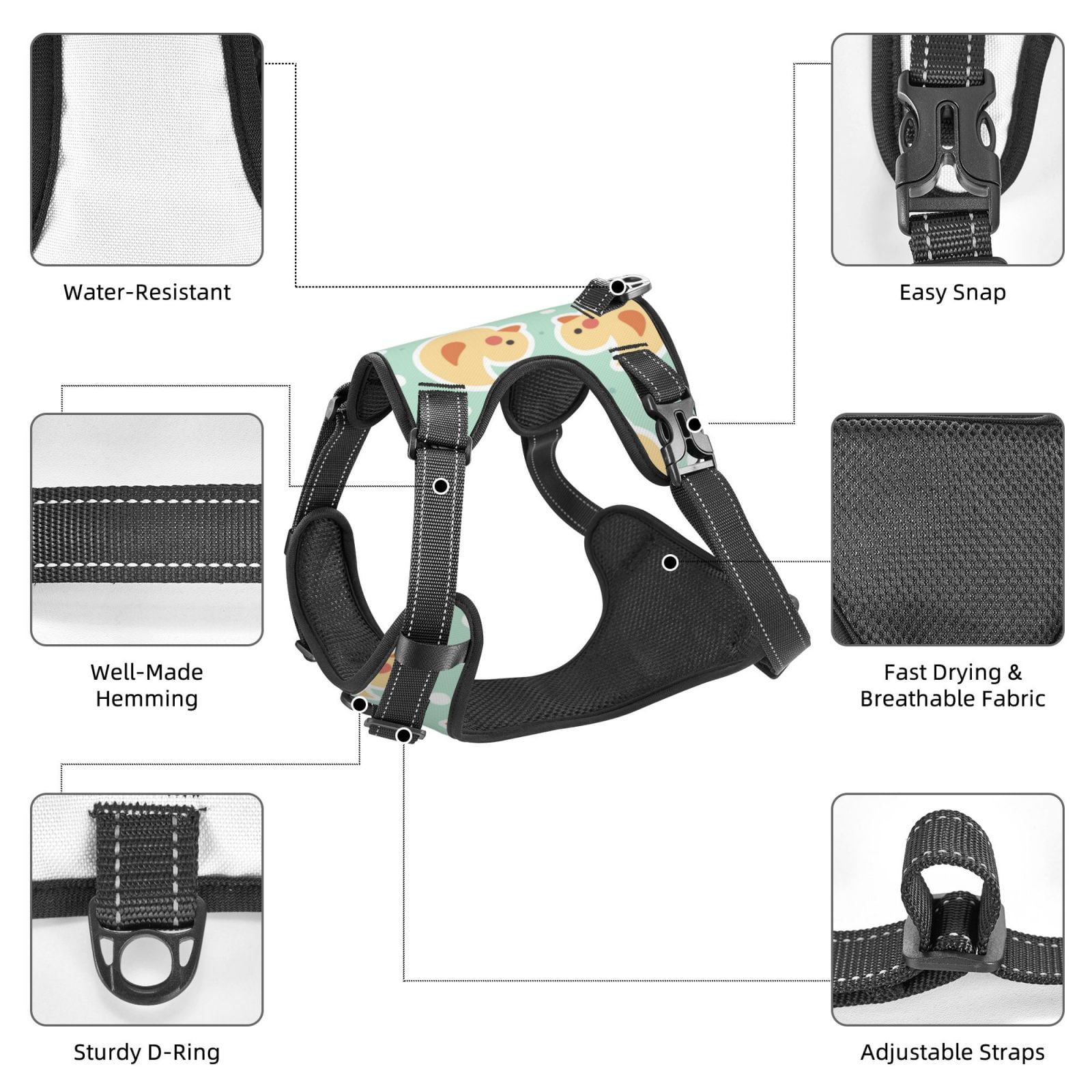 Vsdgher Cute Duck Pattern Dog Harness,No Pull Pet Harness with Soft Padded Handle,Adjustable Reflective Vest with 2 Buckles,4 Slide Buckles,S-XL