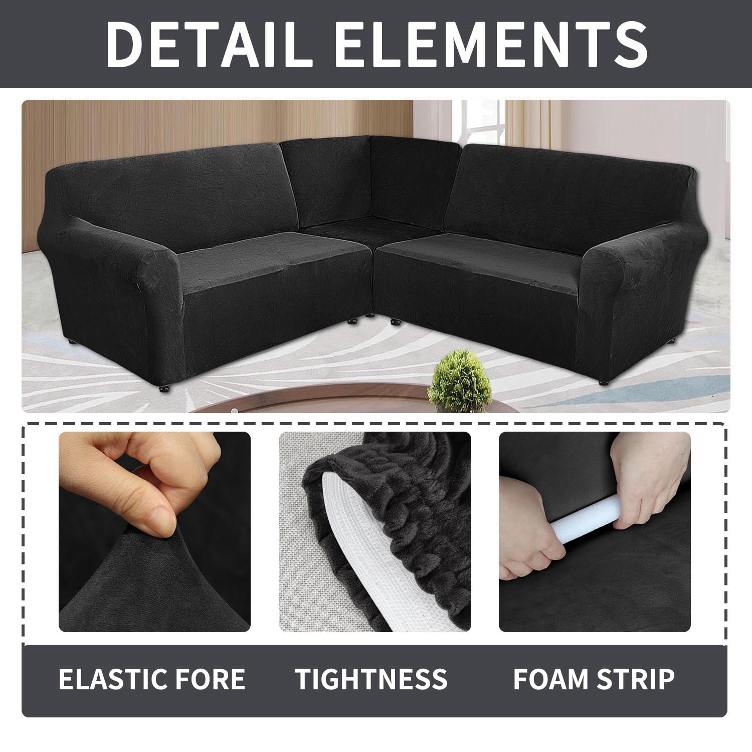 Eurhowing 7-Seater L-Shaped Sofa Cover, Stretch Velvet Soft Couch Slipcover for Sectional Corner Sofa, Non-Slip Furniture Protector, Black