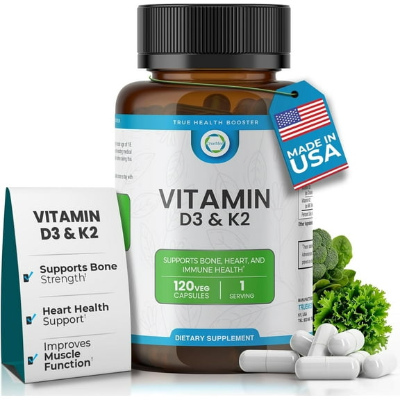 TrueMed Vitamin D3 K2 Supplement 5000 IU High Potency, 125 mcg D3 with 90 mcg MK7 K2, 120 Vegetable Capsules, Made in USA