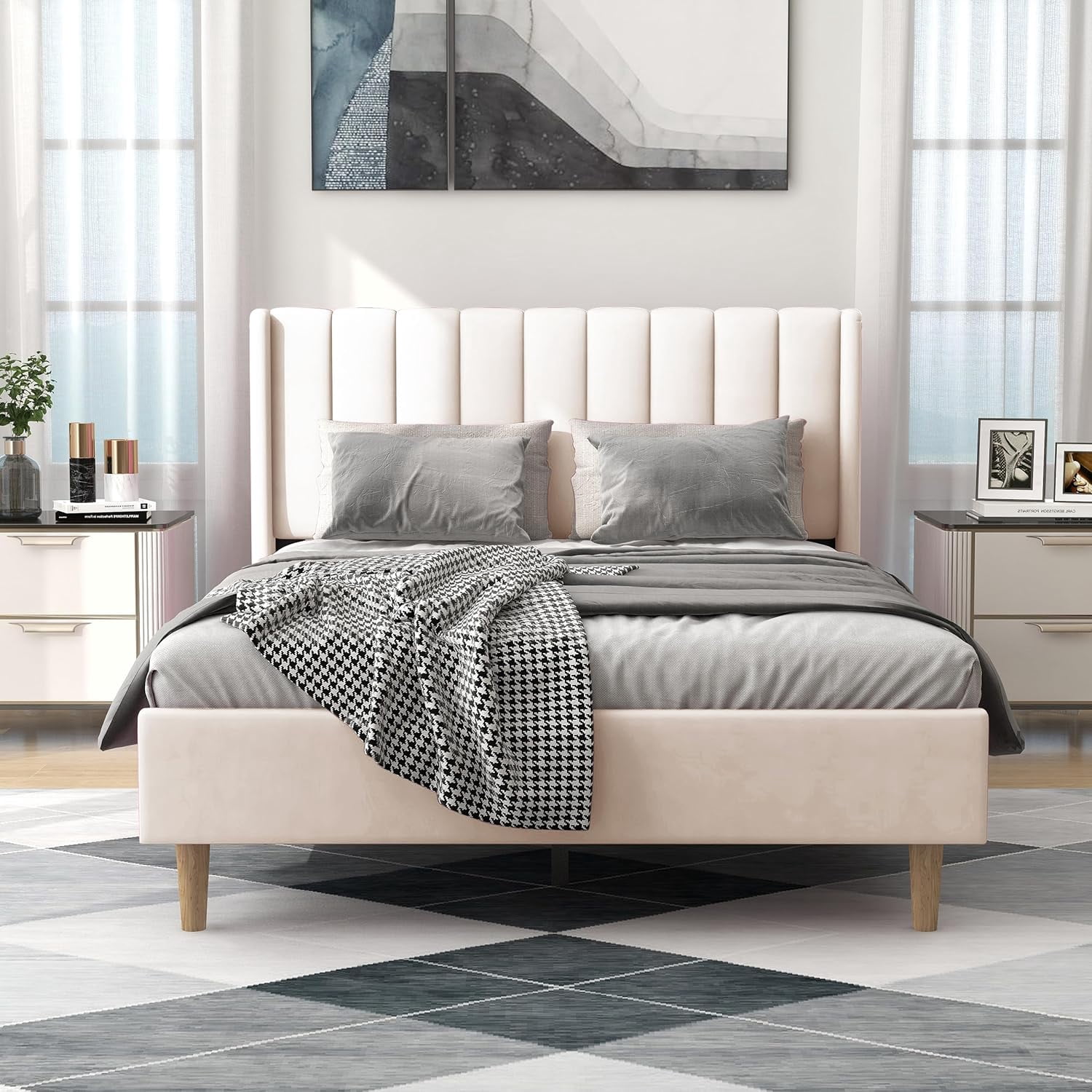alazyhome Full Size Upholstered Platform Bed Frame, Easy Assemble, Beige