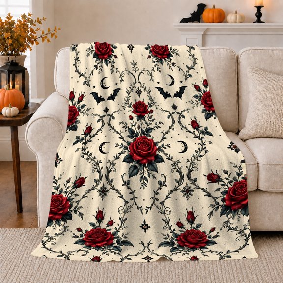 Deep Red Vintage Floral, Bats, and Skulls Warm Flannel Blanket with Friendship Quote for Living Room and Reading Nook, Friendship Gift for Art Lovers, Artistic Home Decor
