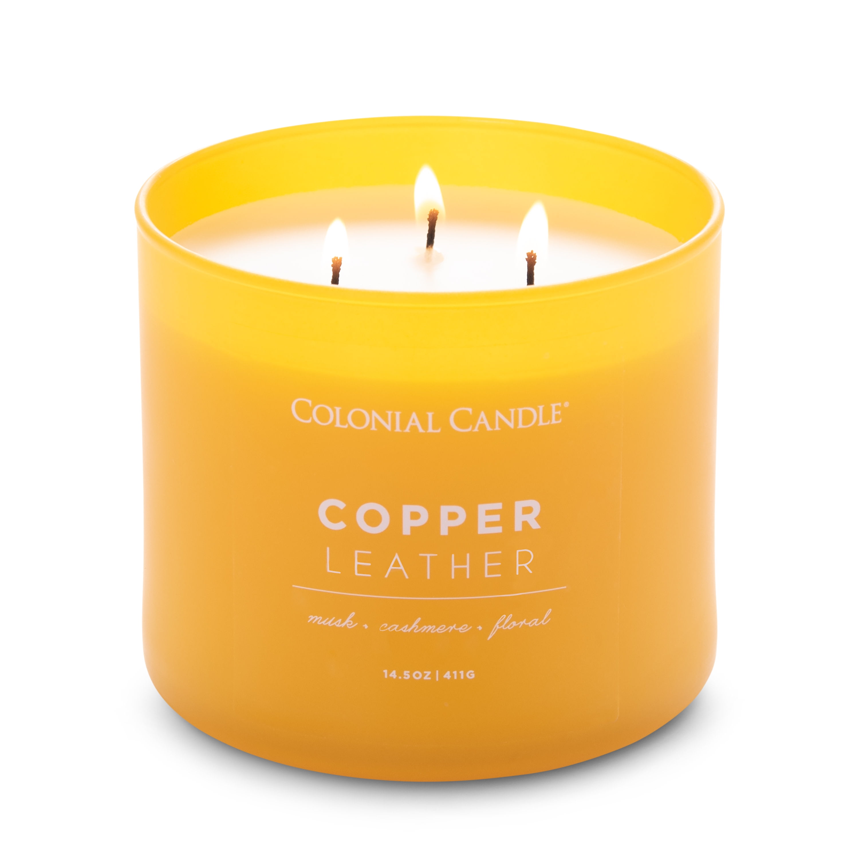Colonial Candle Copper Leather 14.5 oz 3 Wick Candle, Yellow