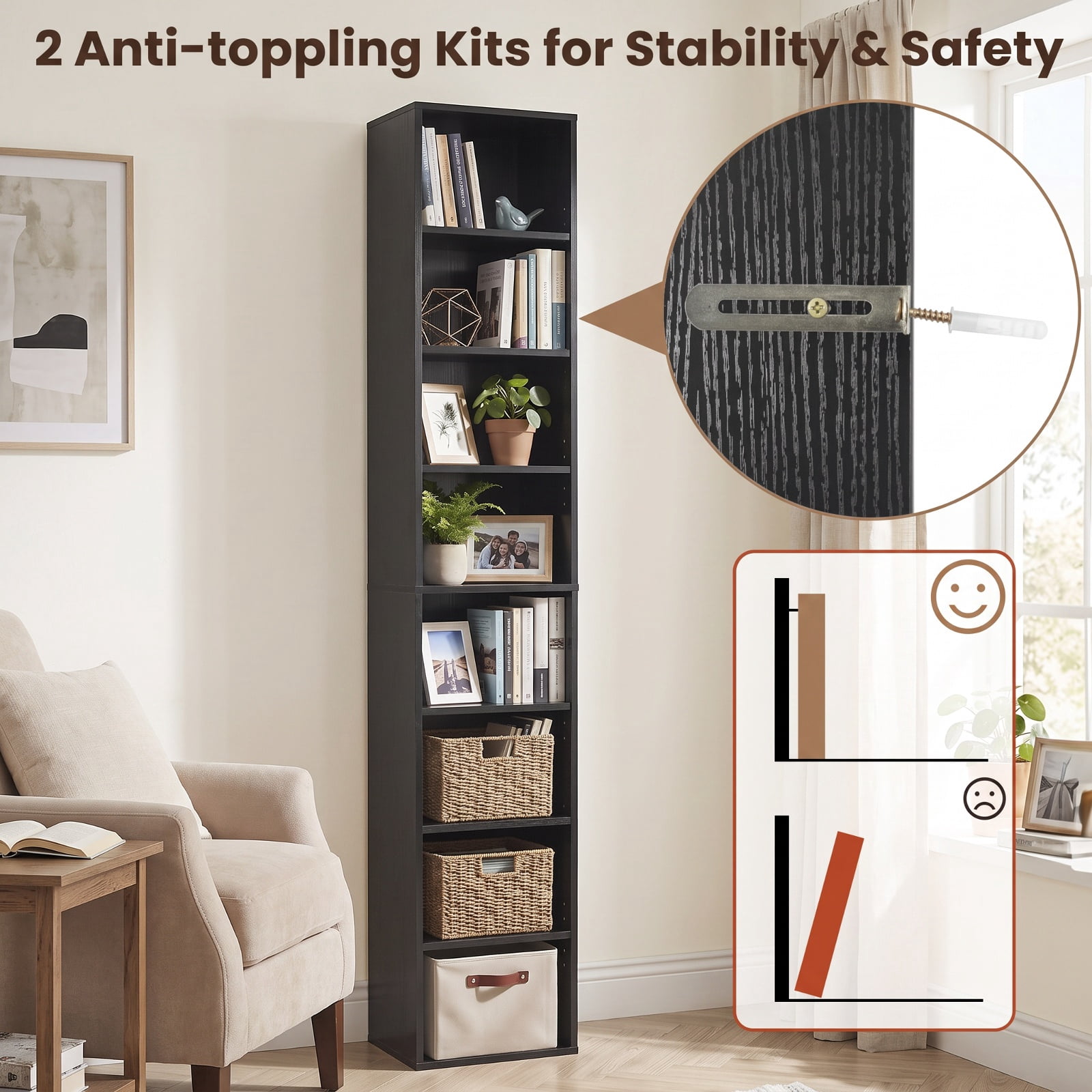 Furnibear 8-Tier Narrow Bookshelf with 4 Adjustable Shelves and Storage Cubes for Living Room Home Office Bedroom Display Storage Shelf, Black