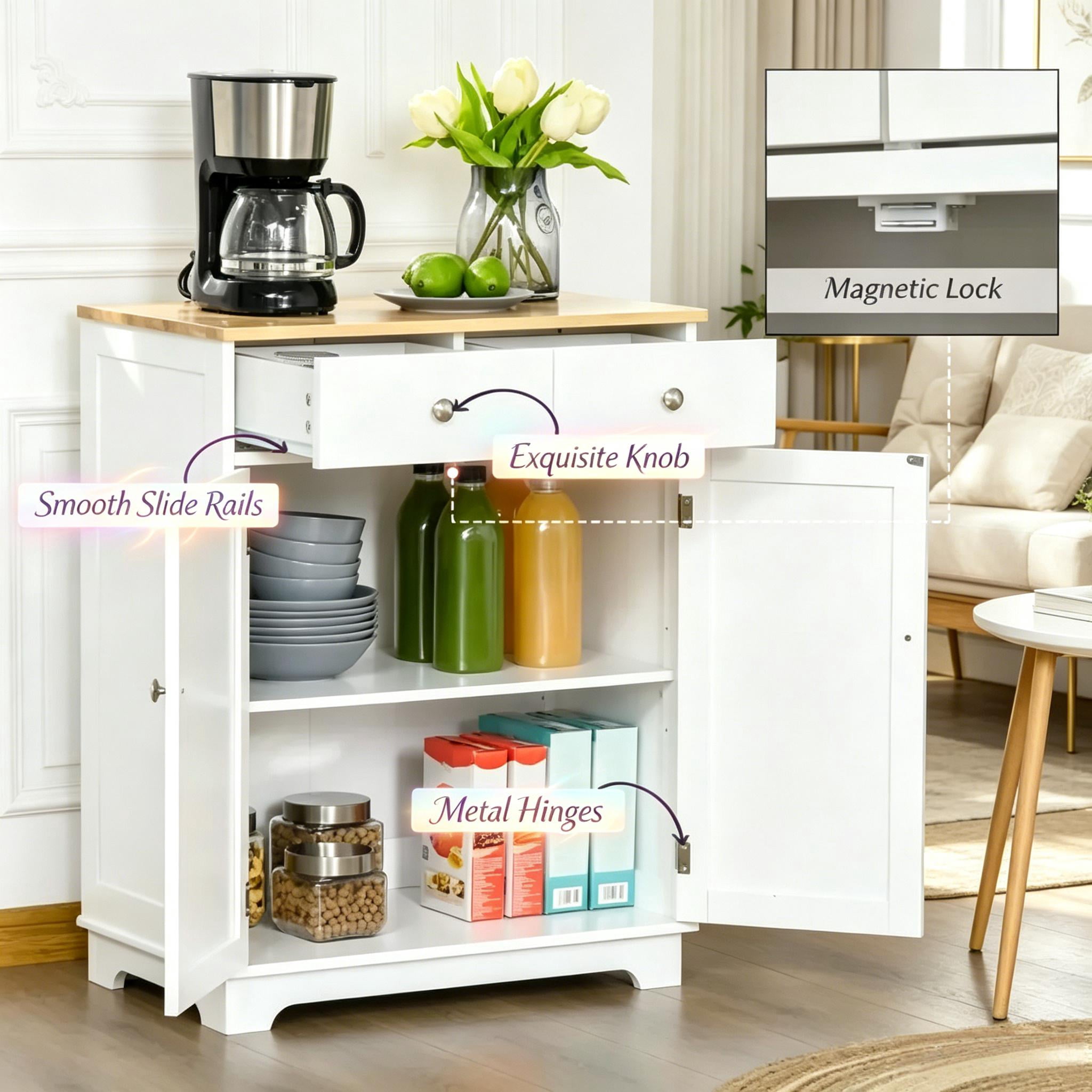 Two-Tone Utility Storage Cabinet with Drawers & Adjustable Shelf Cupboard, Space-Saving Engineered Wood Buffet Sideboard for Kitchen Apartment Living Room Bathroom